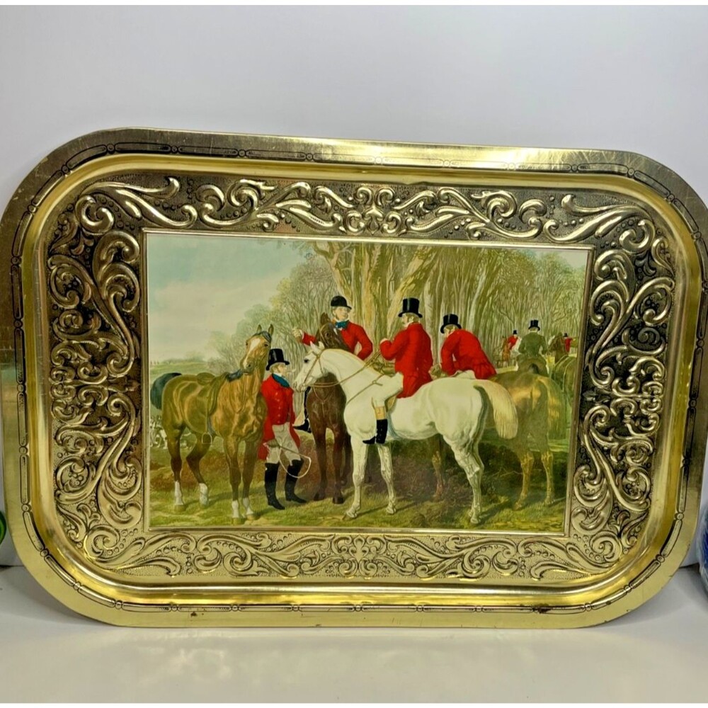 Antique Fox Hunting Graphics Tin Tray Old Rare Barware Collectible 15.75x11 in